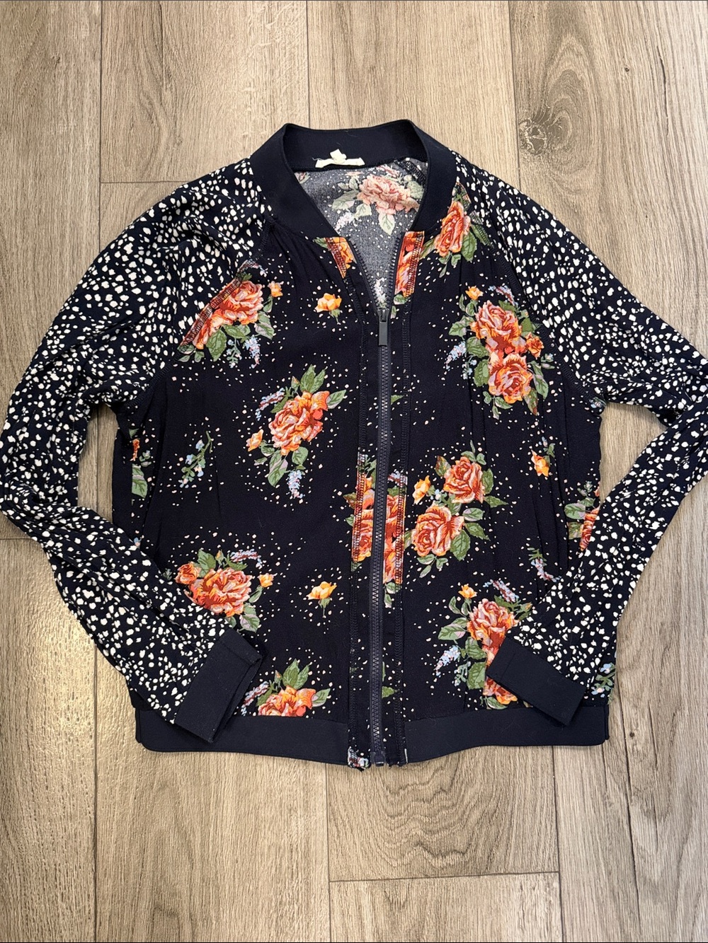 Maurices Navy Bomber Jacket with Orange Floral Print